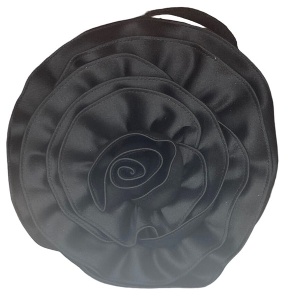 Franchi Evening Bag Black Satin Round Flower Shape. Top Handle. - Picture 2 of 7